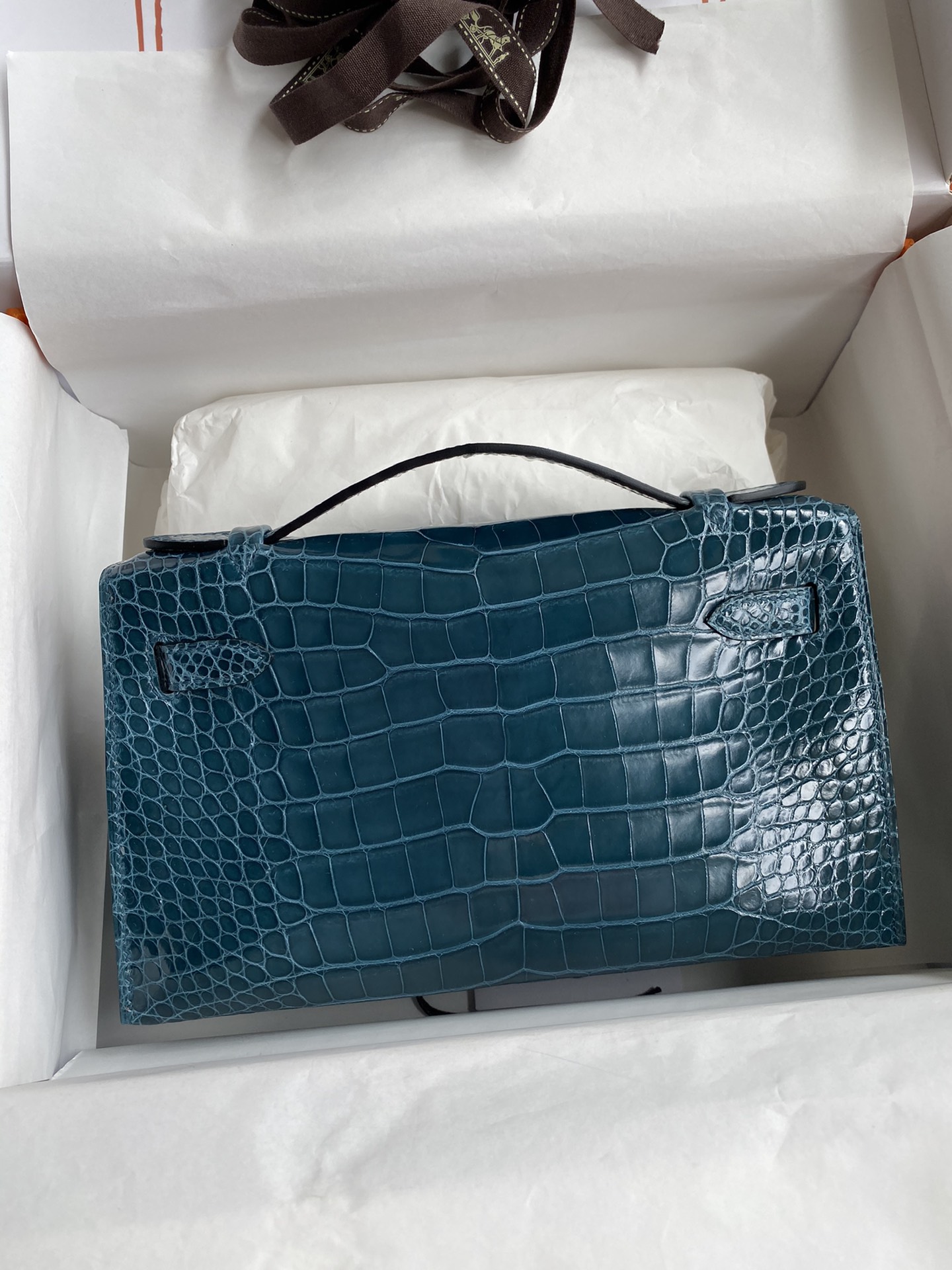 Hermes Mini Kelly Pochette 22cm Bag In Vert Bosphore Shiny Alligator Leather